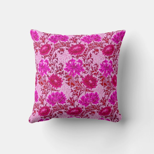 William Morris Chrysanthemums, Burgundy and Pink Throw Pillow (Back)