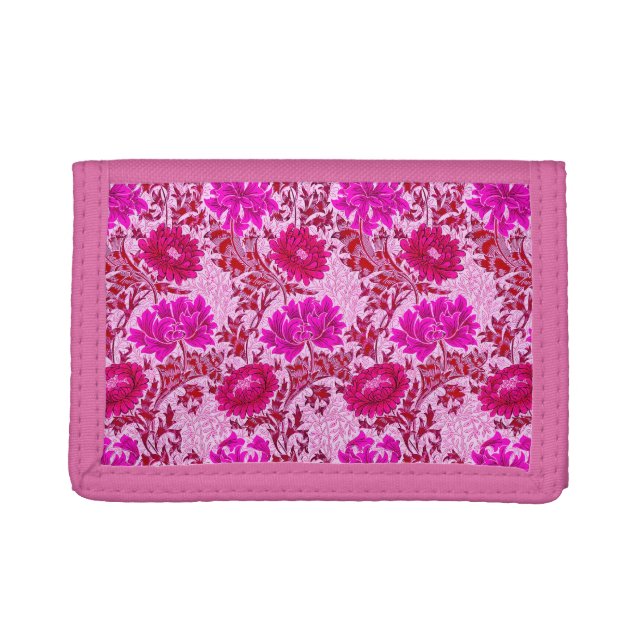 William Morris Chrysanthemums, Burgundy and Pink Trifold Wallet (Front)