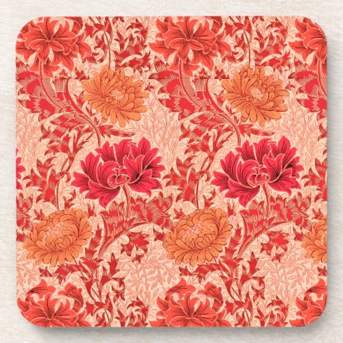 William Morris Chrysanthemums Coral Orange Beverage Coaster