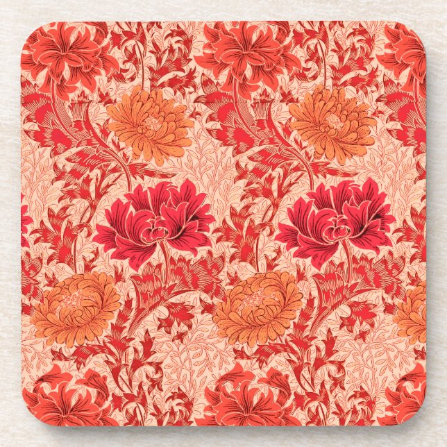 William Morris Chrysanthemums, Coral Orange Beverage Coaster (Front)