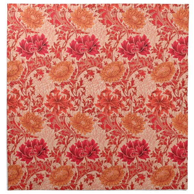 William Morris Chrysanthemums, Coral Orange Cloth Napkin (Front)