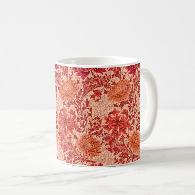 William Morris Chrysanthemums, Coral Orange Coffee Mug (Front Right)