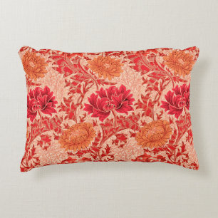 William Morris Chrysanthemums, Coral Orange Decorative Pillow