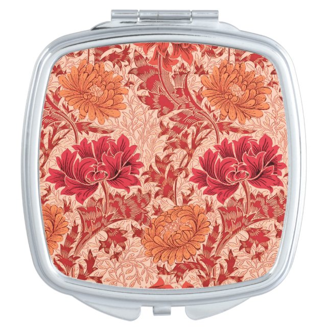 William Morris Chrysanthemums, Coral Orange Makeup Mirror (Front)