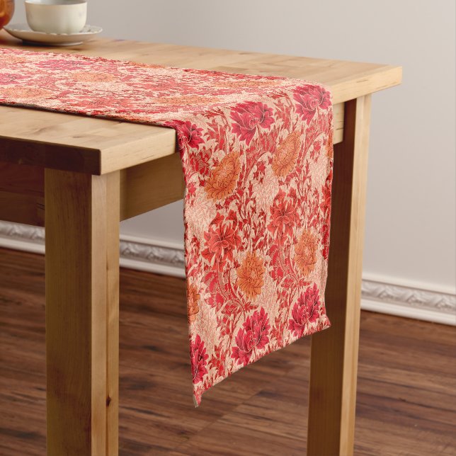 William Morris Chrysanthemums, Coral Orange Short Table Runner (In Situ)