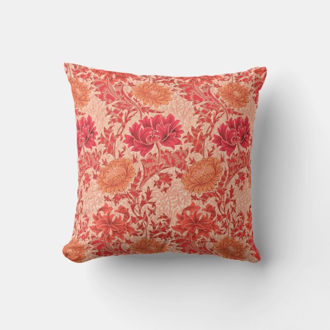 William Morris Chrysanthemums, Coral Orange Throw Pillow (Front)