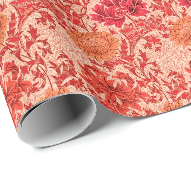 William Morris Chrysanthemums, Coral Orange Wrapping Paper (Roll Corner)