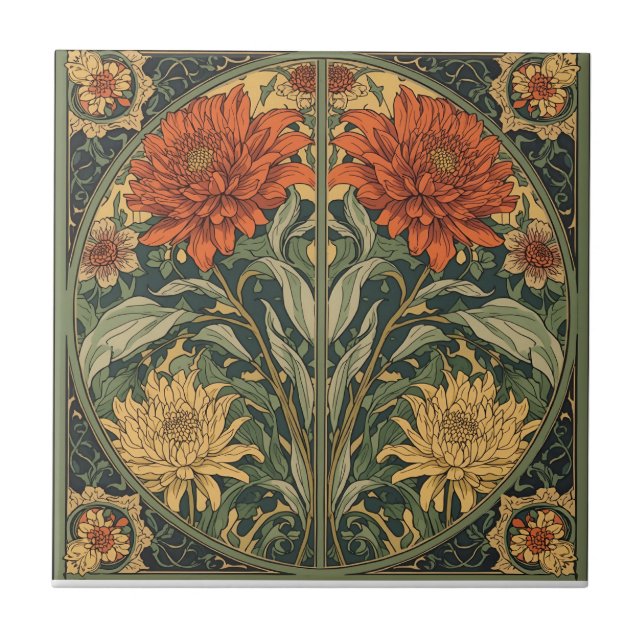  William Morris Chrysanthemums Floral Art Nouveau  Ceramic Tile (Front)
