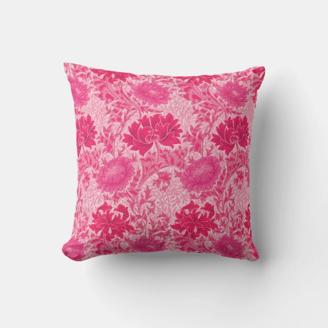 William Morris Chrysanthemums, Fuchsia Pink Outdoor Pillow (Front)