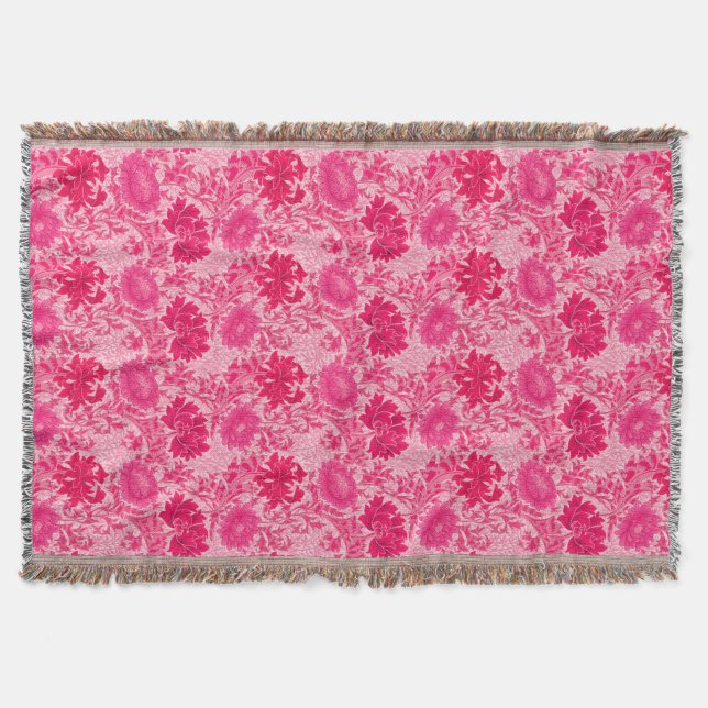 William Morris Chrysanthemums, Fuchsia Pink Throw Blanket (Front)