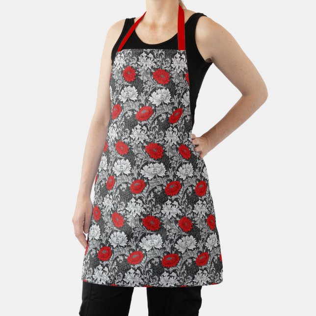 William Morris Chrysanthemums, Gray and Red Apron (Insitu)