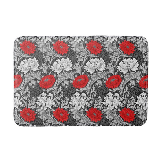 William Morris Chrysanthemums, Gray and Red Bath Mat (Front)