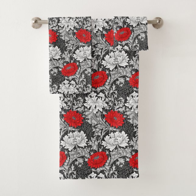 William Morris Chrysanthemums, Gray and Red Bath Towel Set (Insitu)