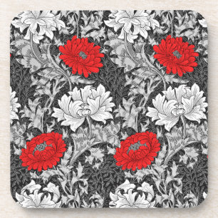 William Morris Chrysanthemums, Gray and Red Beverage Coaster