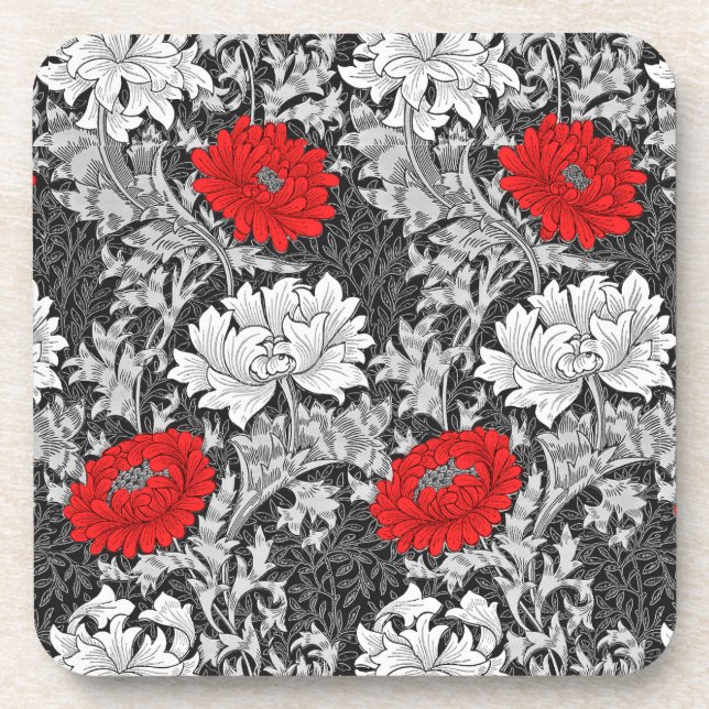 William Morris Chrysanthemums, Gray and Red Beverage Coaster (Front)
