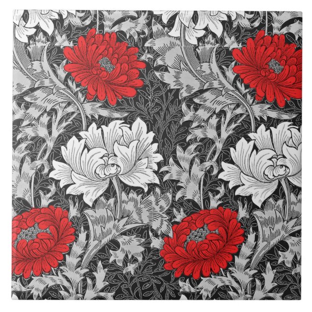 William Morris Chrysanthemums, Gray and Red Ceramic Tile (Front)