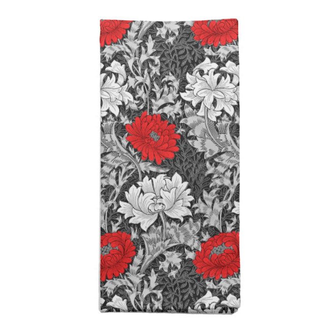 William Morris Chrysanthemums, Gray and Red Cloth Napkin (Folded)