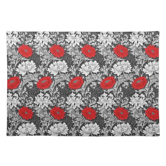 William Morris Chrysanthemums, Gray and Red Cloth Placemat (Front)