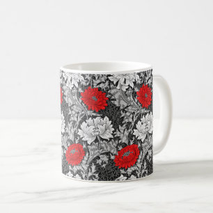 William Morris Chrysanthemums, Gray and Red Coffee Mug
