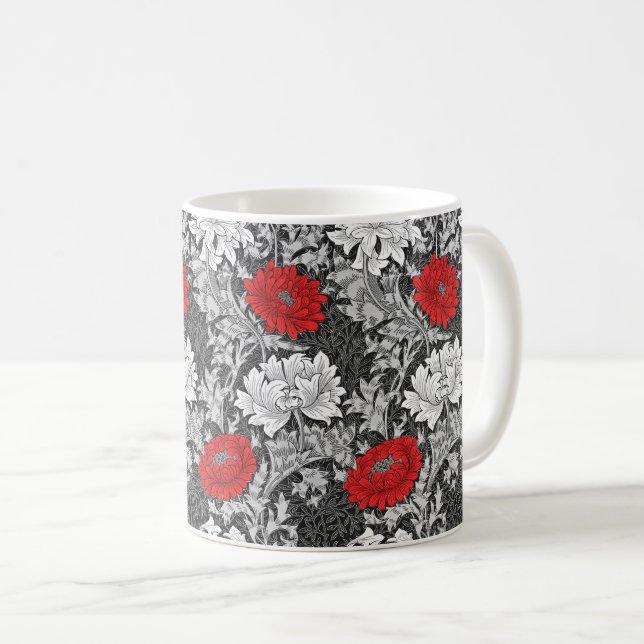 William Morris Chrysanthemums, Gray and Red Coffee Mug (Front Right)