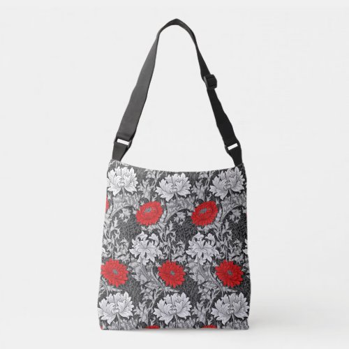 William Morris Chrysanthemums Gray and Red Crossbody Bag