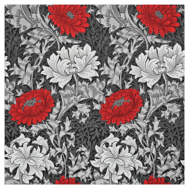 William Morris Chrysanthemums, Gray and Red Fabric (Swatch)