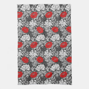 William Morris Chrysanthemums, Gray and Red Kitchen Towel