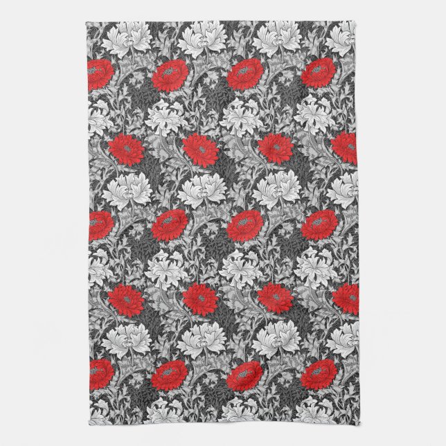 William Morris Chrysanthemums, Gray and Red Kitchen Towel (Vertical)