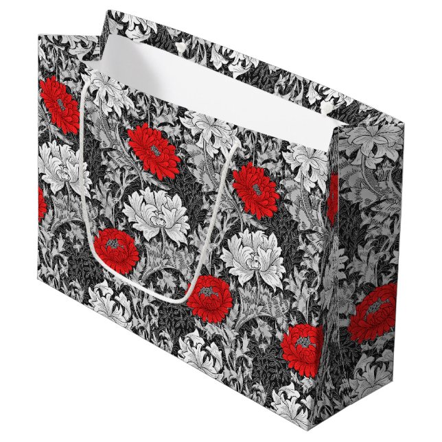 William Morris Chrysanthemums, Gray and Red Large Gift Bag (Front Angled)