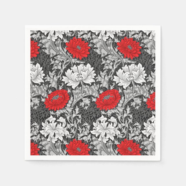 William Morris Chrysanthemums, Gray and Red Napkins (Front)