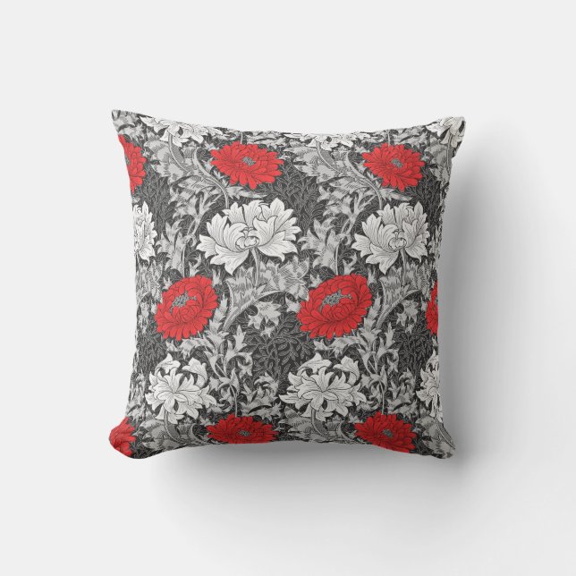 William Morris Chrysanthemums, Gray and Red Outdoor Pillow (Front)