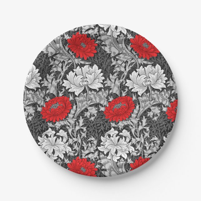 William Morris Chrysanthemums, Gray and Red Paper Plates (Front)