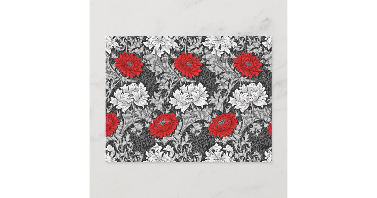 William Morris Chrysanthemums, Gray and Red Postcard | Zazzle