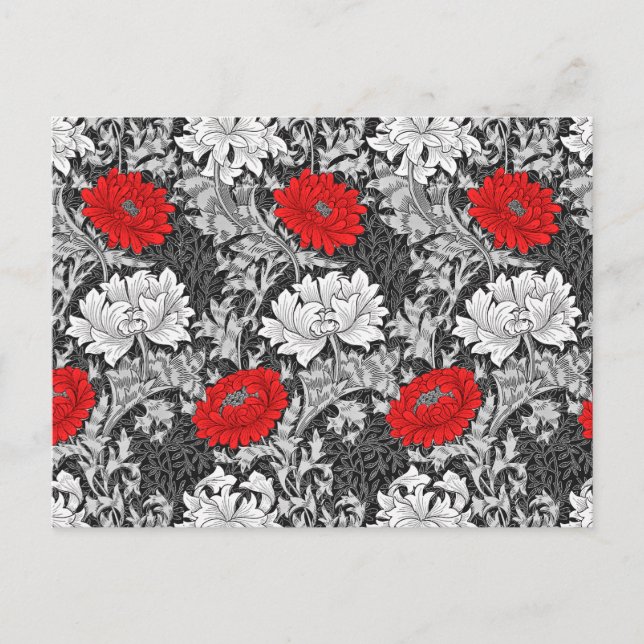 William Morris Chrysanthemums, Gray and Red Postcard (Front)