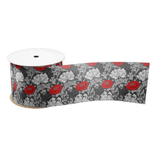 William Morris Chrysanthemums, Gray and Red Satin Ribbon