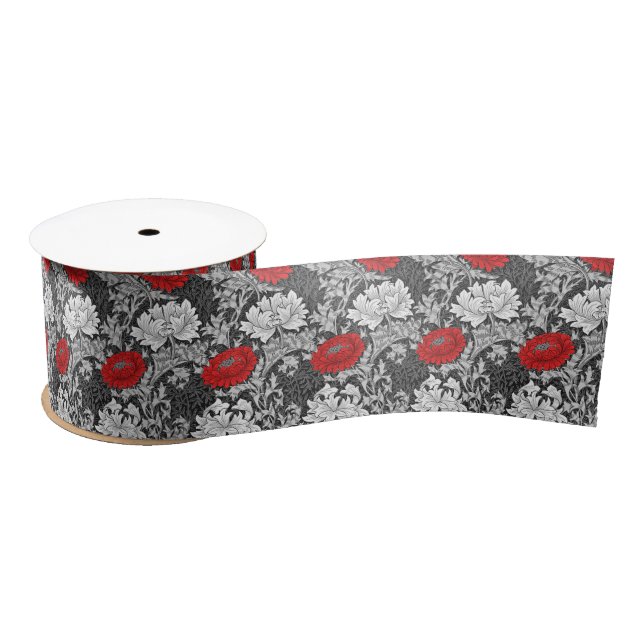 William Morris Chrysanthemums, Gray and Red Satin Ribbon (Spool)