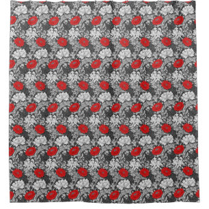 William Morris Chrysanthemums, Gray and Red Shower Curtain