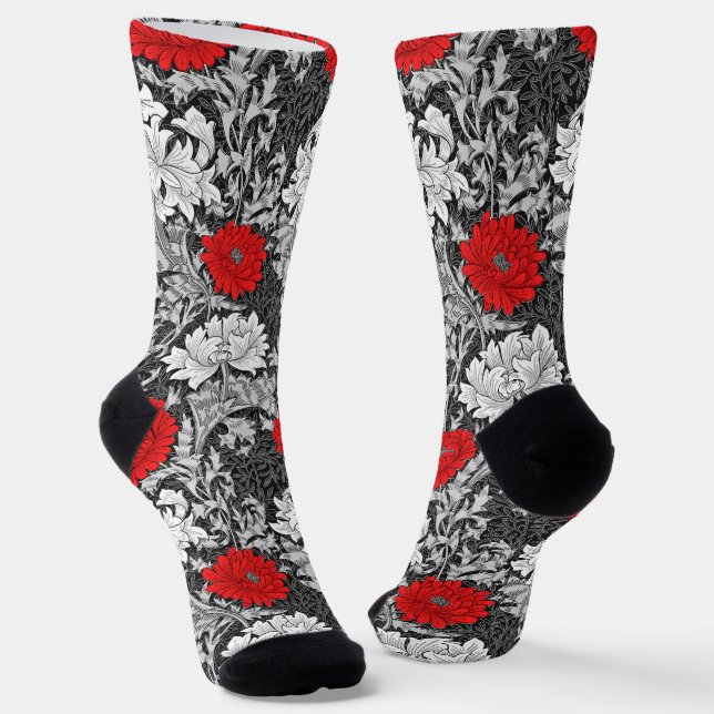 William Morris Chrysanthemums, Gray and Red Socks (Angled)