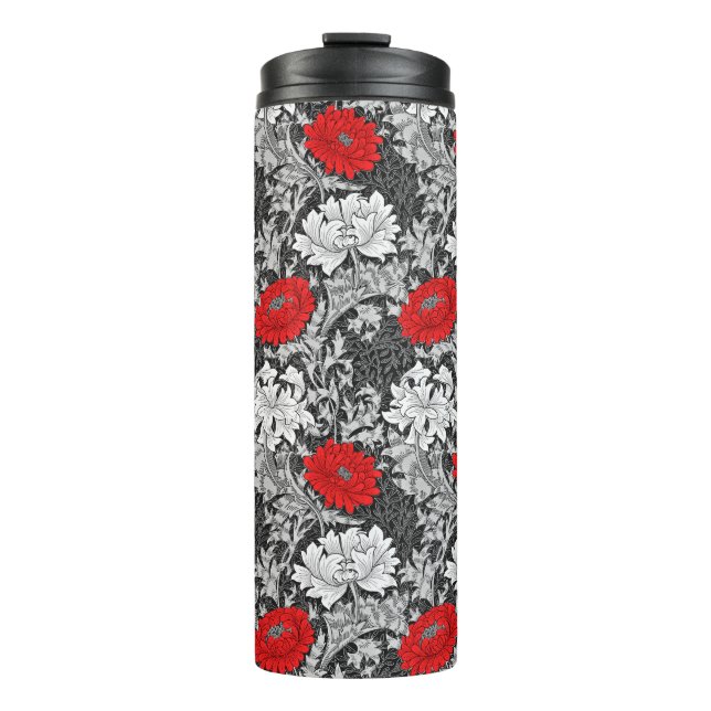 William Morris Chrysanthemums, Gray and Red Thermal Tumbler (Front)