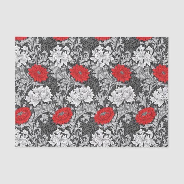 William Morris Chrysanthemums, Gray and Red Tissue Paper (Front)