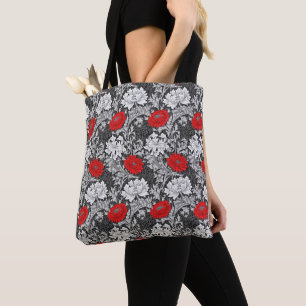 William Morris Chrysanthemums, Gray and Red Tote Bag