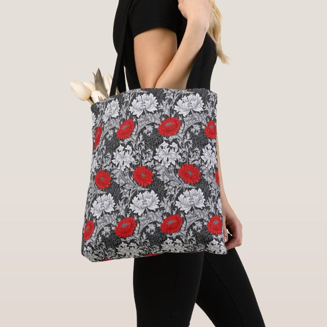 William Morris Chrysanthemums, Gray and Red Tote Bag (Close Up)