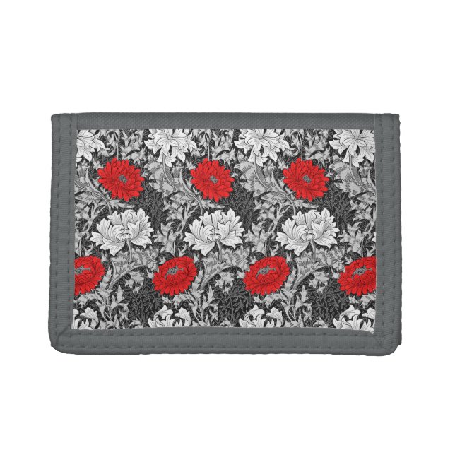 William Morris Chrysanthemums, Gray and Red Trifold Wallet (Front)