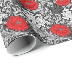 William Morris Chrysanthemums, Gray and Red Wrapping Paper