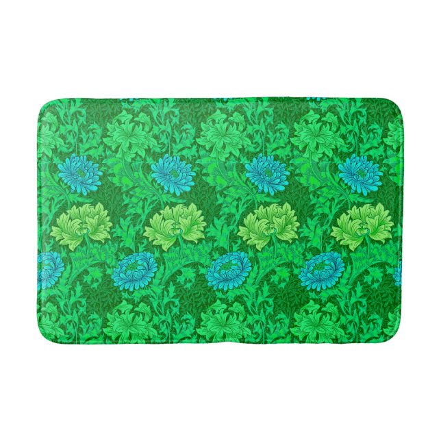 William Morris Chrysanthemums, Lime Green & Aqua Bathroom Mat (Front)