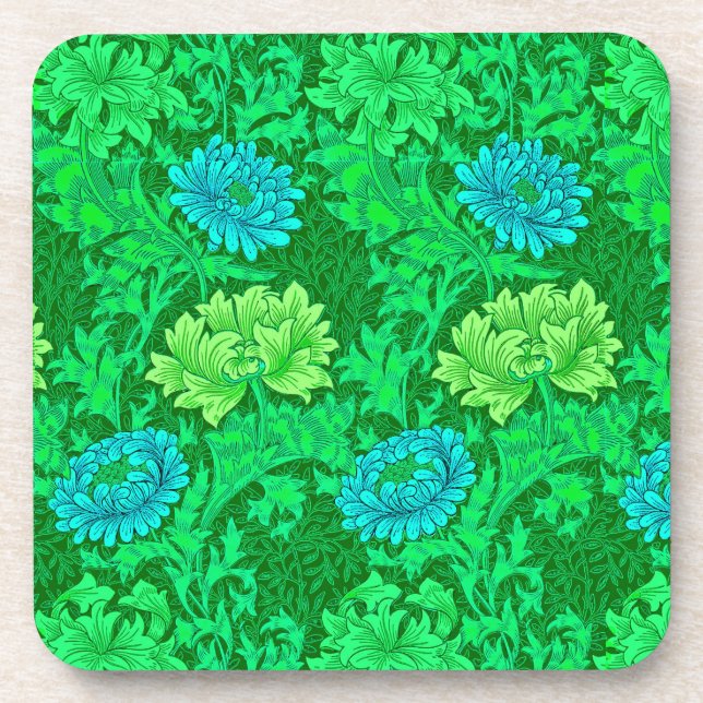 William Morris Chrysanthemums, Lime Green & Aqua Beverage Coaster (Front)