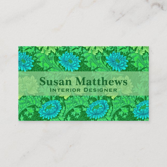 William Morris Chrysanthemums, Lime Green & Aqua Business Card (Front)