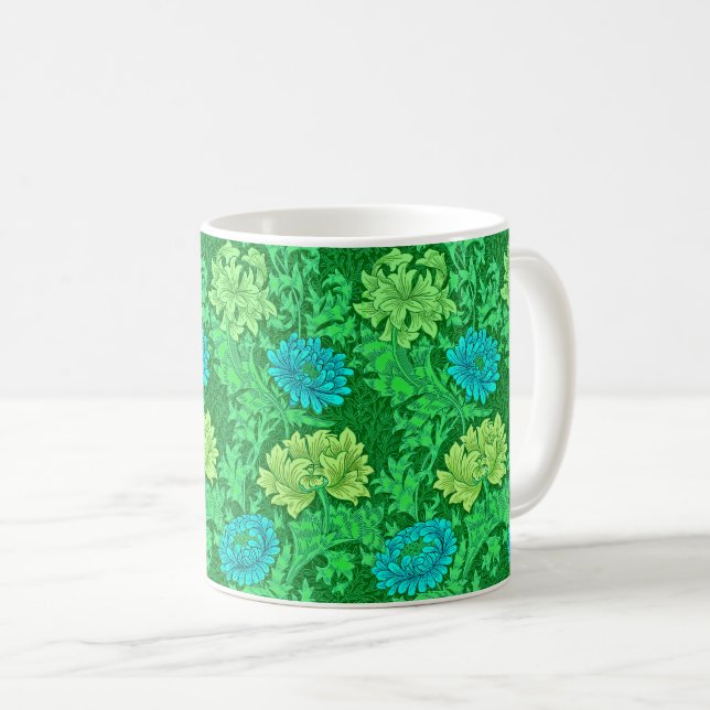 William Morris Chrysanthemums, Lime Green & Aqua Coffee Mug (Front Right)