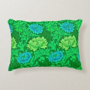 William Morris Chrysanthemums, Lime Green & Aqua Decorative Pillow