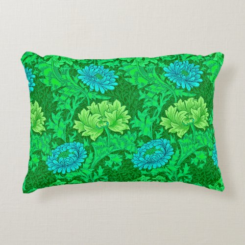 William Morris Chrysanthemums Lime Green  Aqua Decorative Pillow